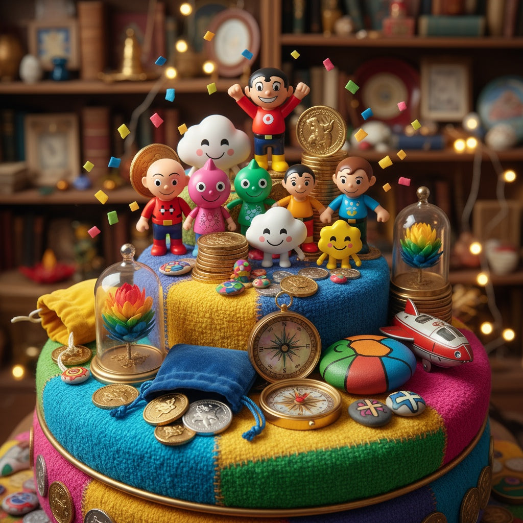 Collectibles display featuring colorful figures, coins, and unique items for passionate collectors.