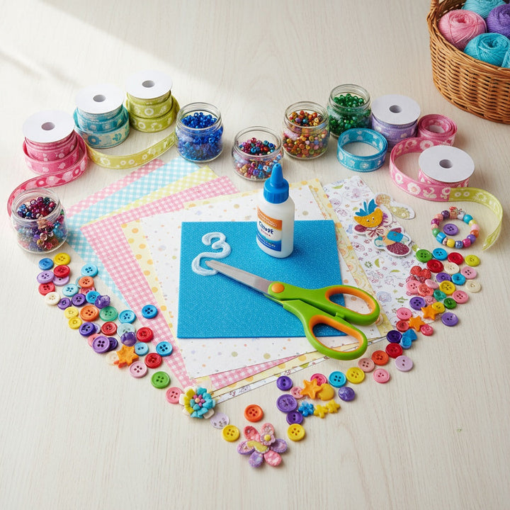 Craft Items collection featuring colorful papers, buttons, ribbons, and glue for creative projects.