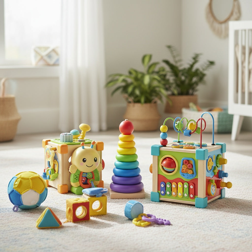 Colorful activity toys including a toy cube, stacking rings, and a soccer ball for fun and active play.