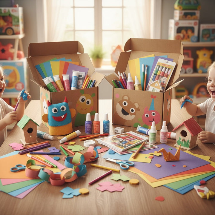Two kids enjoying Arts & Crafts Kits filled with colorful supplies and fun projects for creative activities.