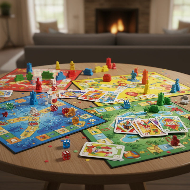 Board Games collection displayed on a table, featuring colorful game boards, pieces, and dice for family fun.