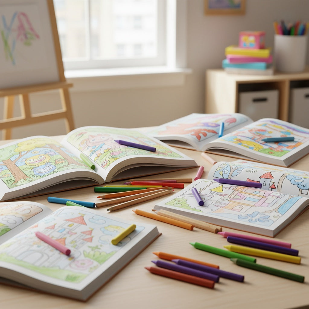 Colouring Books on a table with vibrant crayons for creative fun and artistic expression.