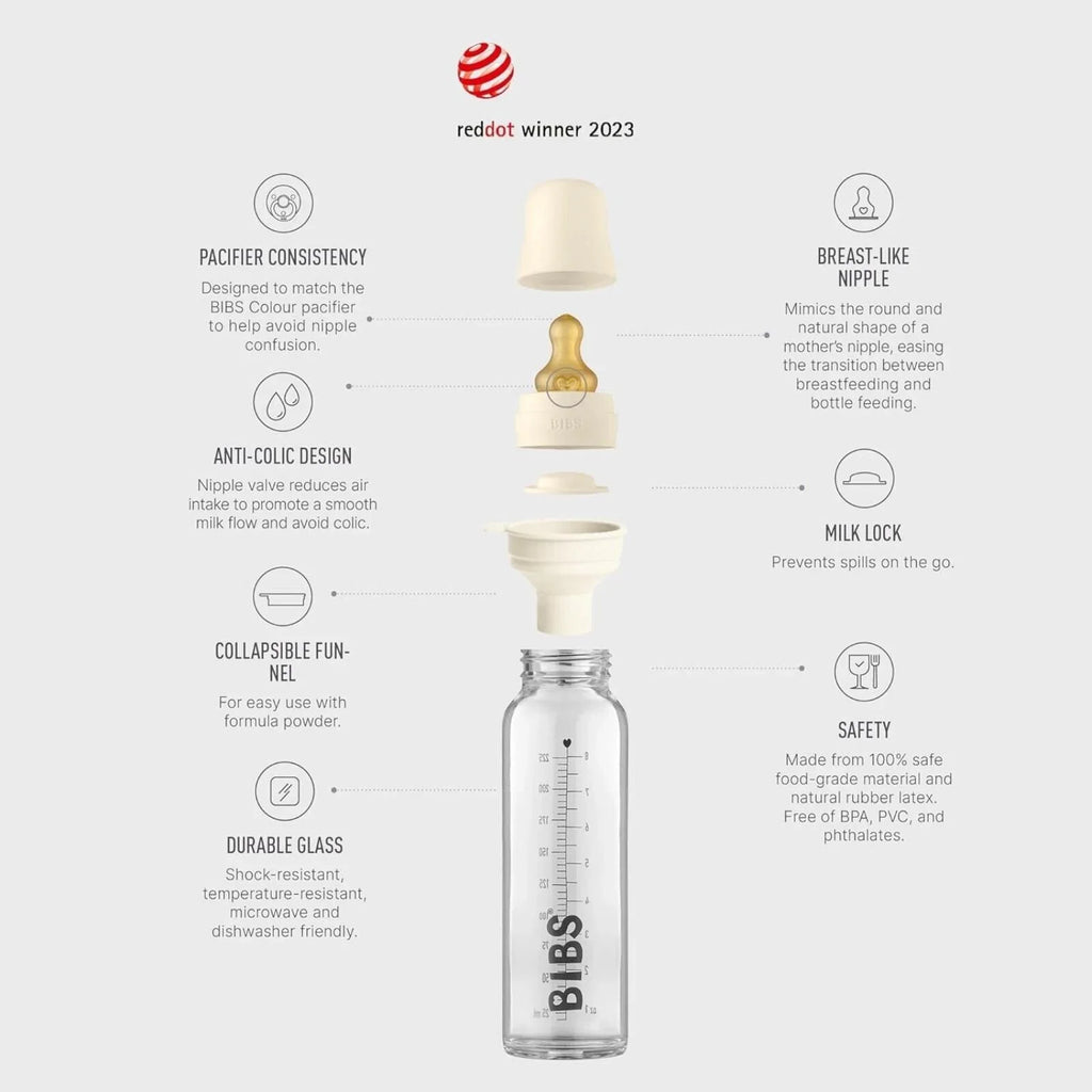 Set Gyflawn o Botel Wydr BIBS i Babanod, Latecs 225ml - Lliw Ifori