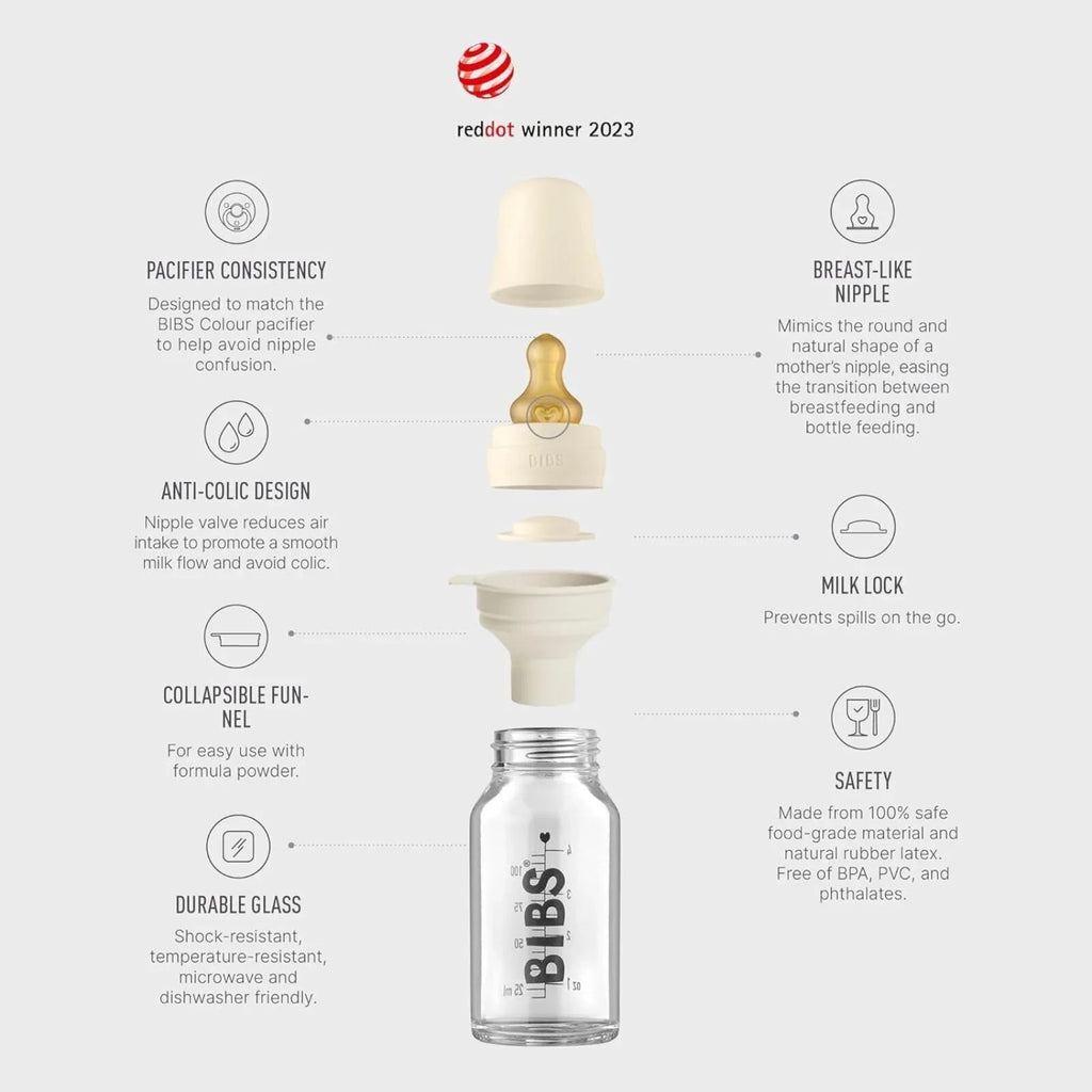 Set Gyflawn o Botel Wydr BIBS i Babanod, Smocyn Lateds 110ml - Lliw Ifori