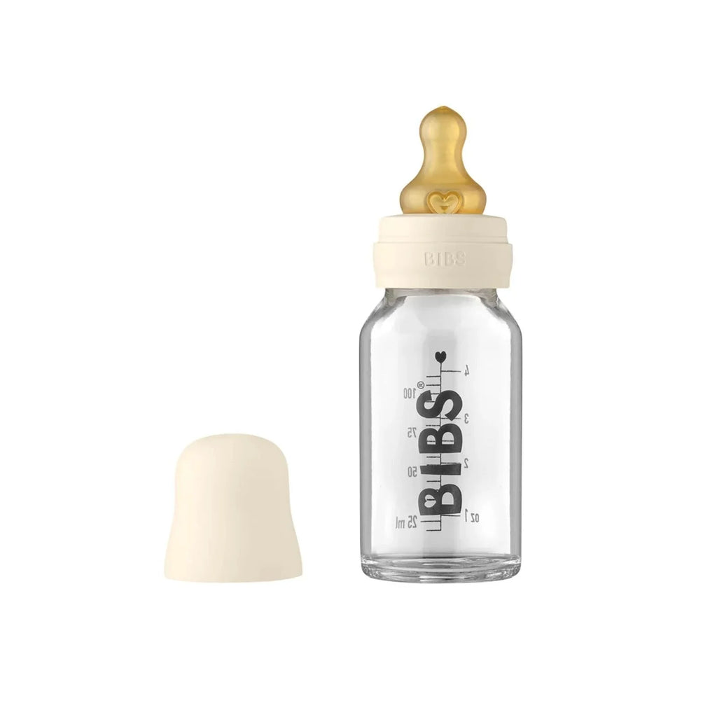 Set Gyflawn o Botel Wydr BIBS i Babanod, Smocyn Lateds 110ml - Lliw Ifori