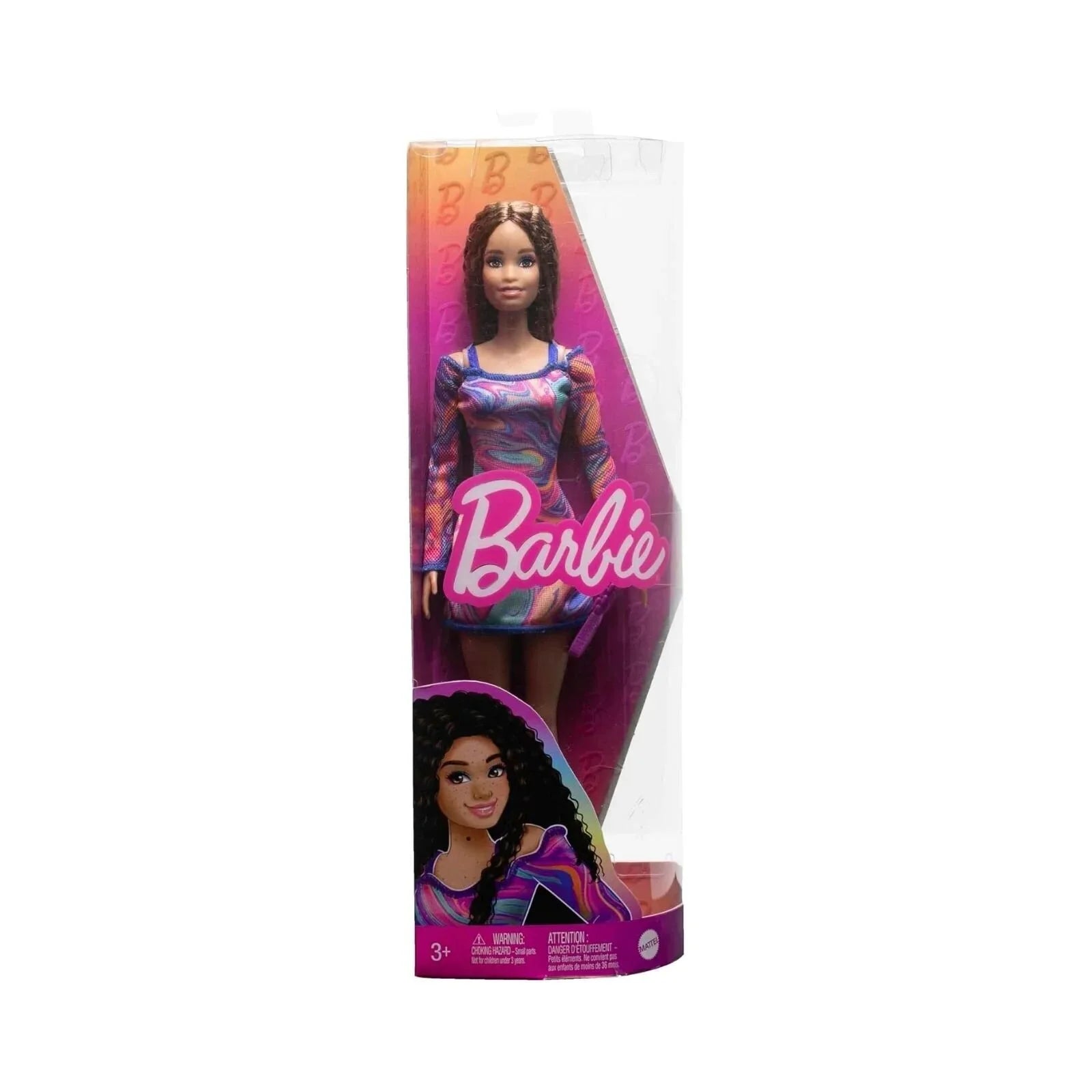 Pypyn Barbie Fashionista gyda Gwisg Argraffedig Marmor Enfys