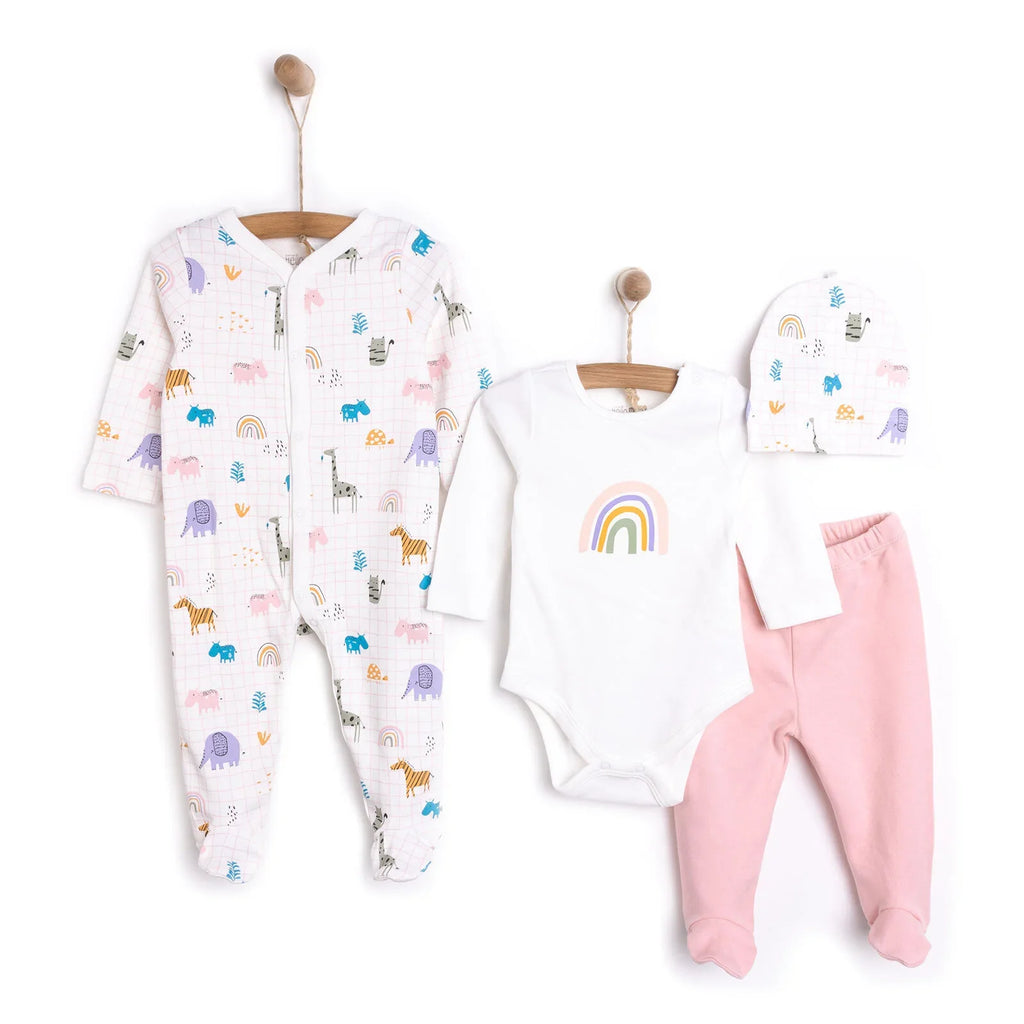Set Cychwynnol 4 Darn HelloBaby Unisex i Fabanod Newydd - Pinc Golau
