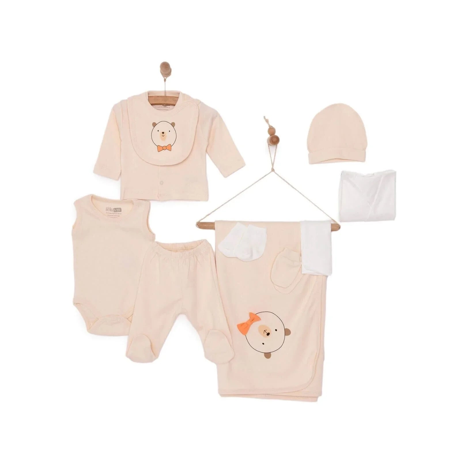 Set Newydd-anedig HelloBaby Boy 10 pcs - Lliw Ecru