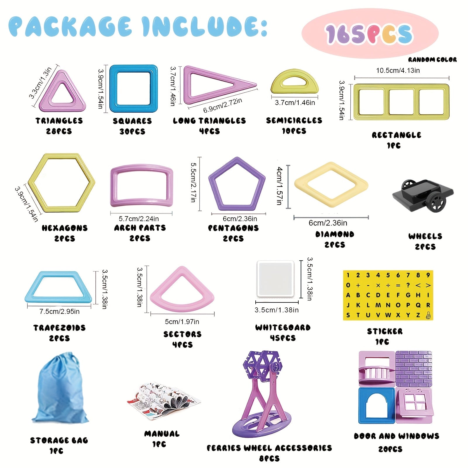 Set o Flociau Adeiladu Magnetig (165 o ddarnau i blant)