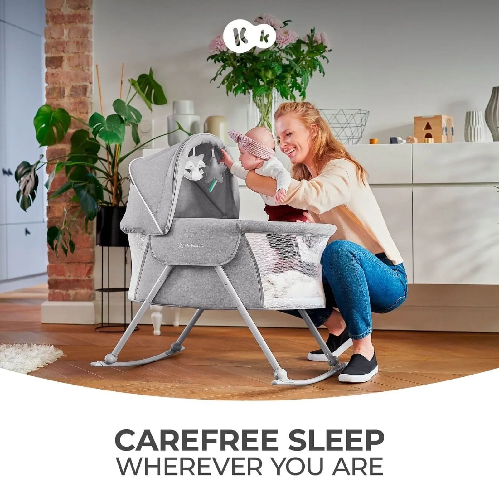 Kinderkraft LOVI 3-in-1 Cot Babanod - Llwyd