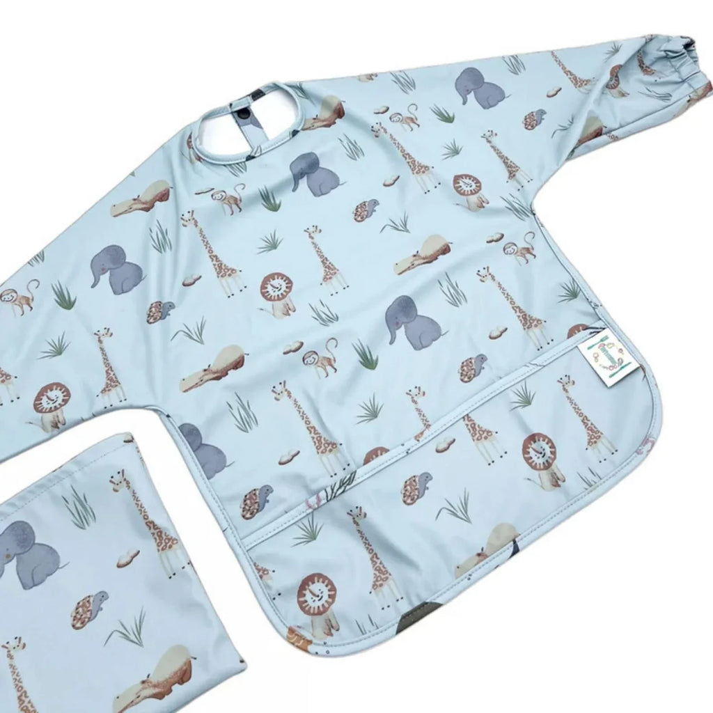 BLW Essentials Ffedog Drosodd â Llewys Hir sy'n Dal Dŵr - Glas