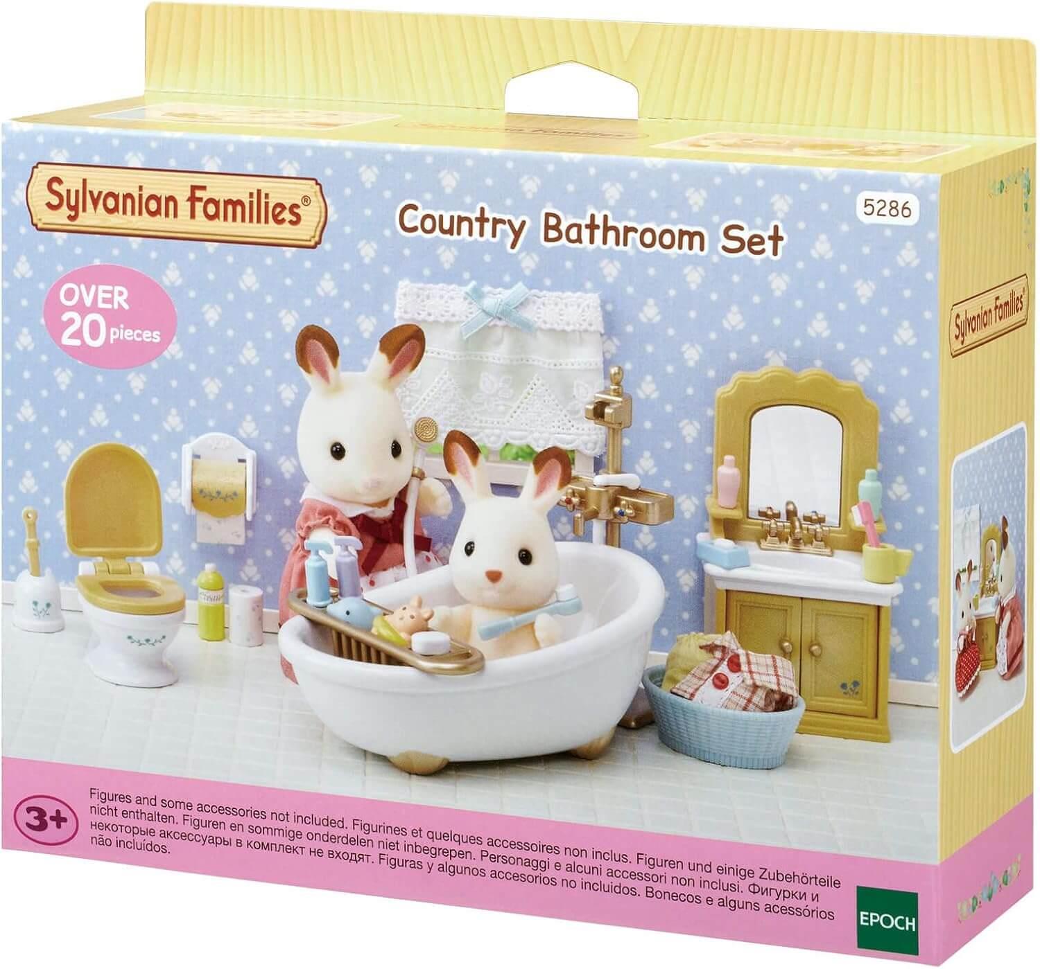 Set o ddodrefn ystafell ymolchi Sylvanian Families Country ar gyfer plant 3 oed a hŷn.