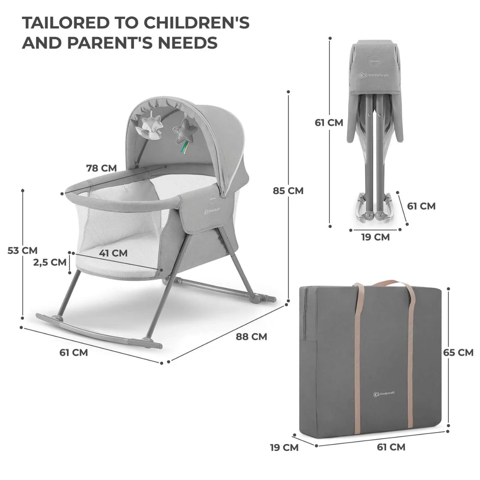 Kinderkraft LOVI 3-in-1 Cot Babanod - Llwyd