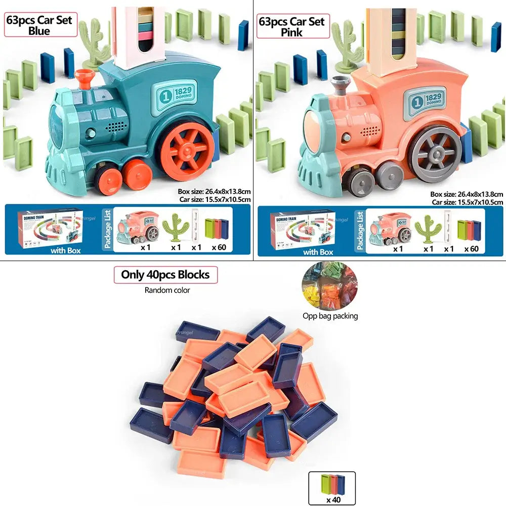 Domino Train for kids Automatic Laying Electric Car Colorful Dominoes featuring blue and pink trains with colorful blocks.