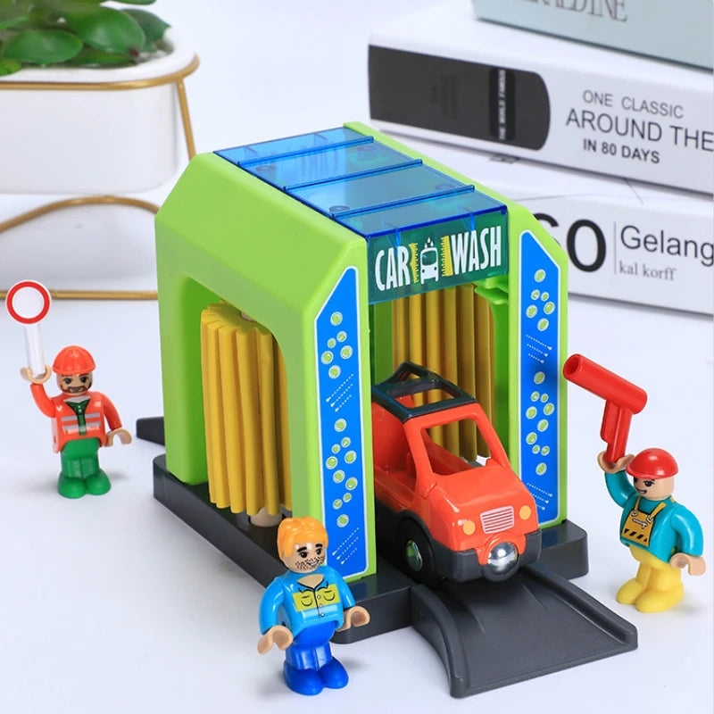 Set Police Thief Catching Building Block Suit Compatible With Wooden toy car wash with figures and vehicle.
