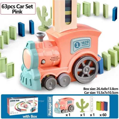 Domino Train for kids Automatic Laying Electric Car Colorful Dominoes with blocks and cactus shapes in pink.
