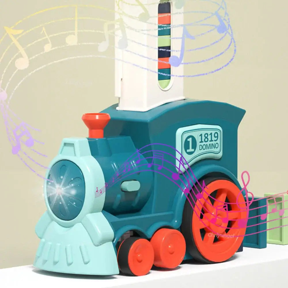 Domino Train for kids Automatic Laying Electric Car Colorful Dominoes toy with light and sound features.