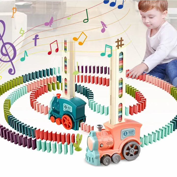 Domino Train for kids Automatic Laying Electric Car Colorful Dominoes with musical elements and vibrant colorful dominoes.