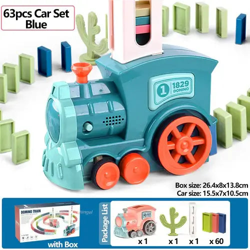 Domino Train for kids Automatic Laying Electric Car Colorful Dominoes set with various colored domino blocks.
