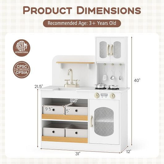 Set Chwarae Cegin Plant gydag Ategolion Coginio a Thegan Llysiau Torradwy - Gwyn