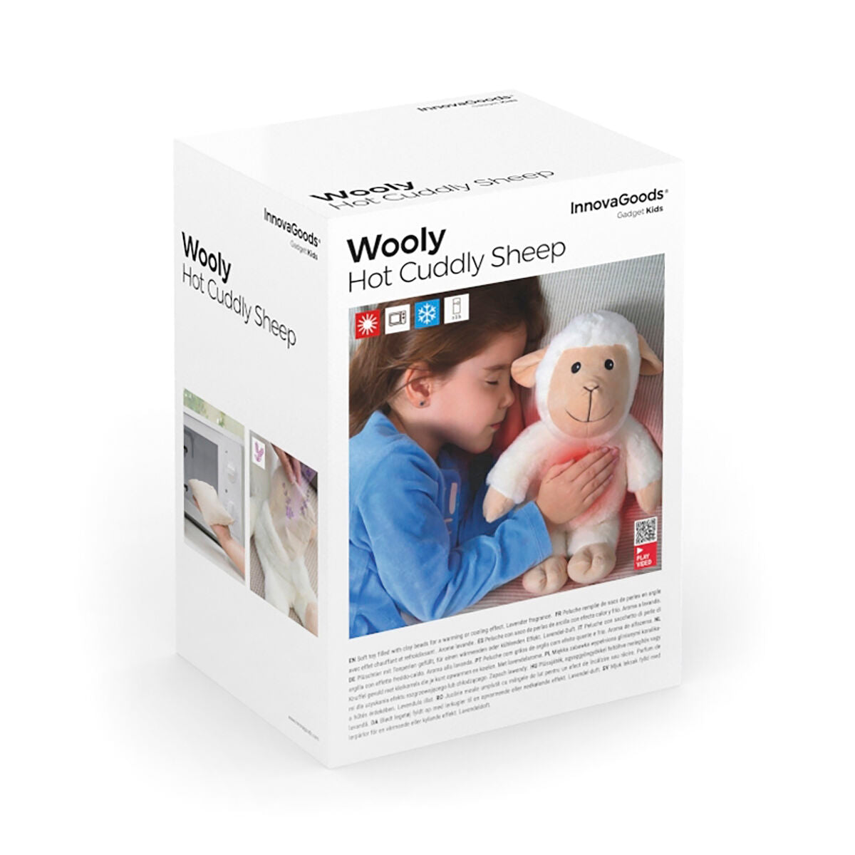 Sheep Soft Toy with Warming and Cooling Effect Wooly InnovaGoods packaging with child hugging the toy.