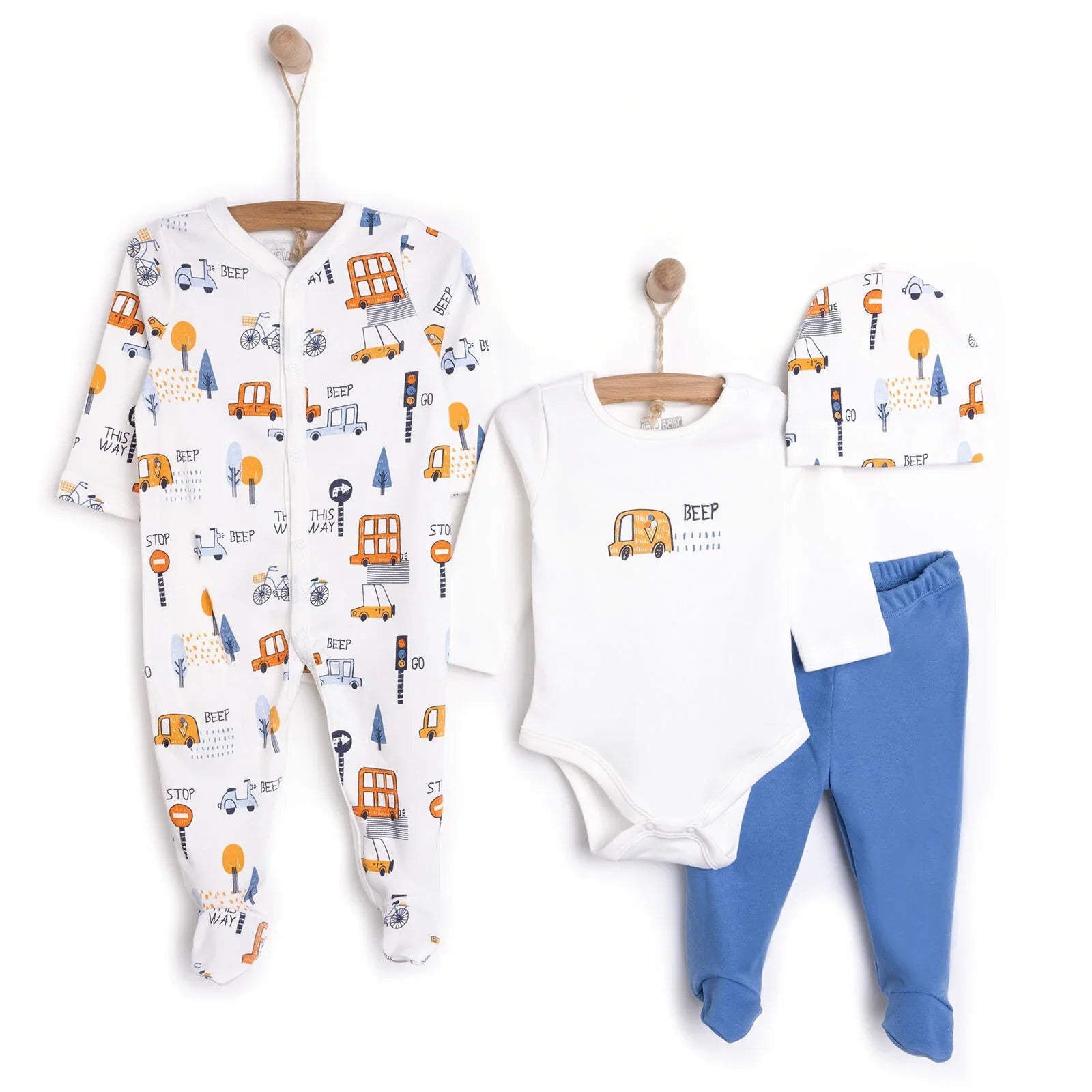 Set Cychwynnol Newydd-anedig Unisex HelloBaby 4 pcs - Glas Tywyll