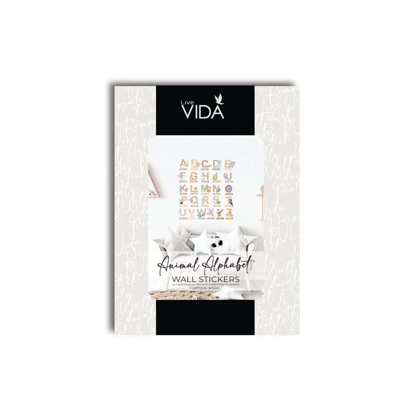 Sticeri Wal Abecedari Live Vida gyda Ffigurau Anifeiliaid 26 pcs