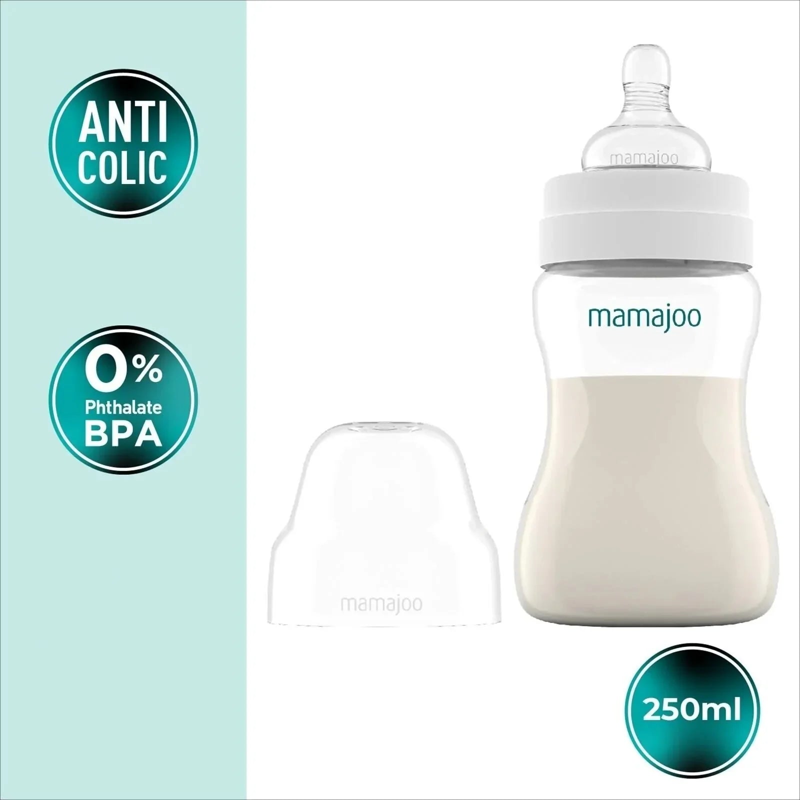 Potel Baban Mamajoo Gwrth-Golic PP Llif Canolig 6+ mis 250ml - Arian