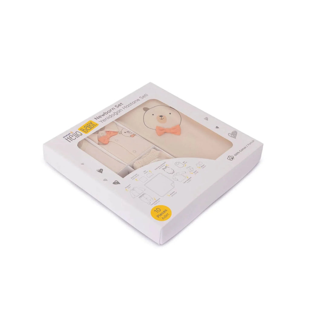 Set Newydd-anedig HelloBaby Boy 10 pcs - Lliw Ecru