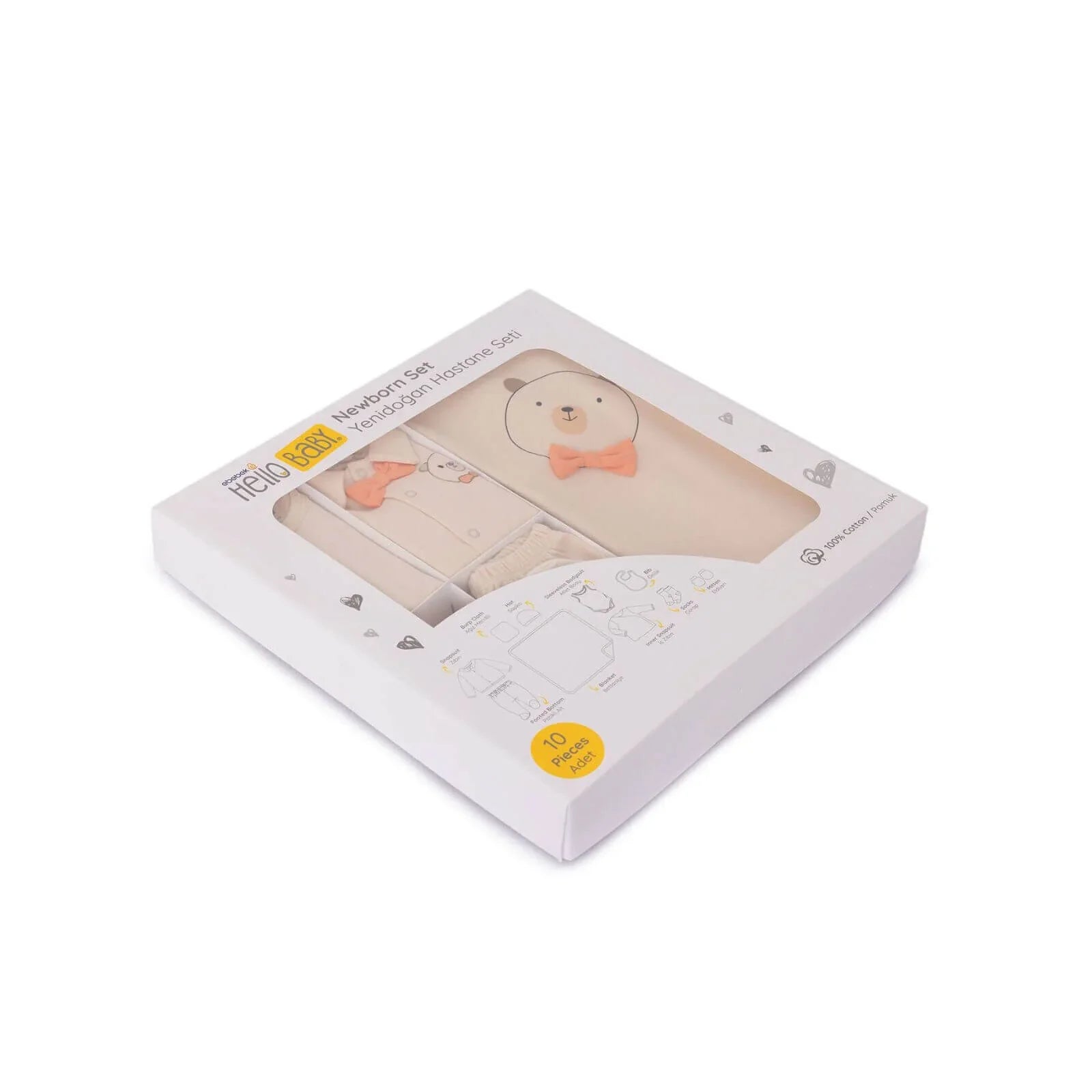 Set Newydd-anedig HelloBaby Boy 10 pcs - Lliw Ecru