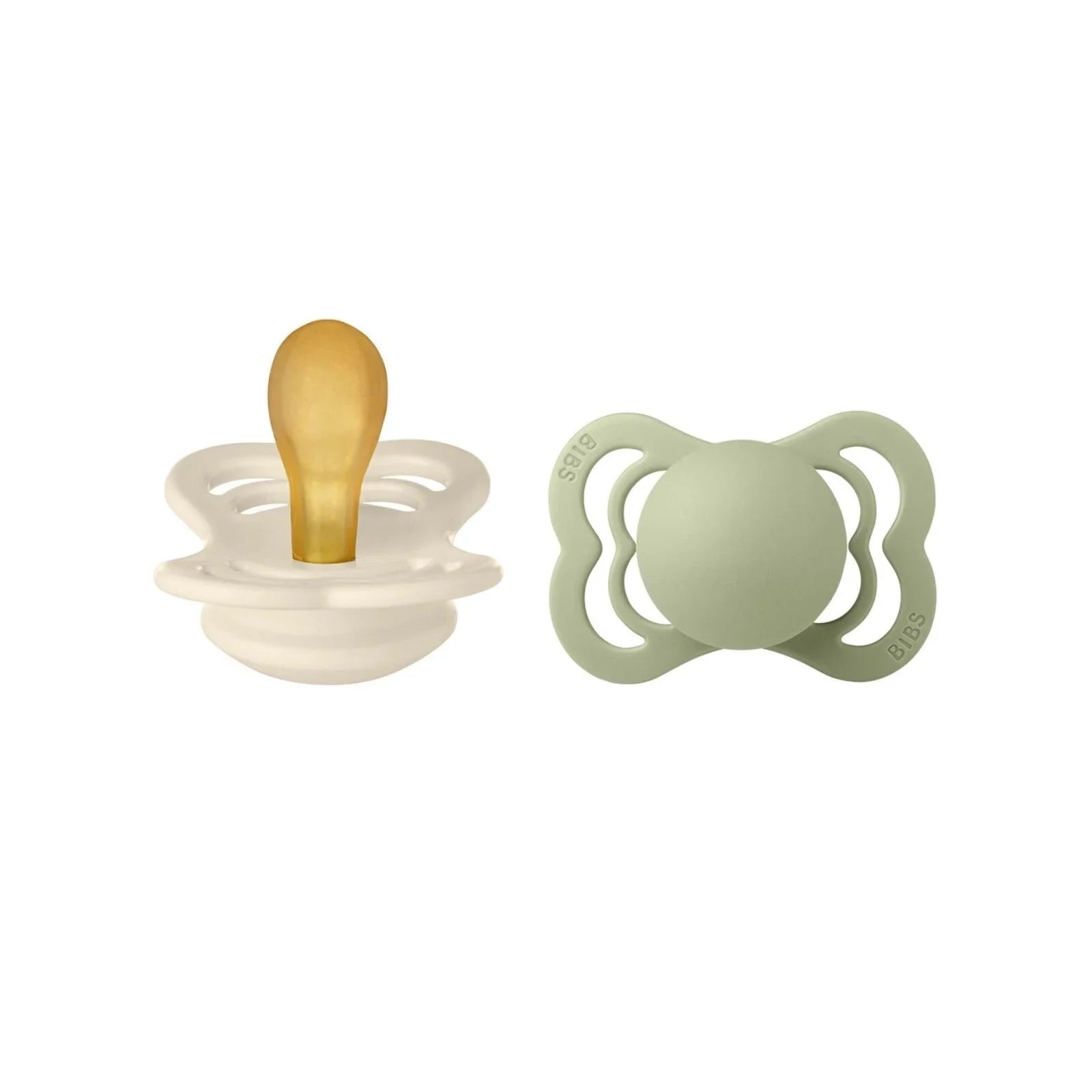 BIBS Supreme Dummies Llawfeddygol 6+ mis Pecyn o 2 - Ifori a Saets