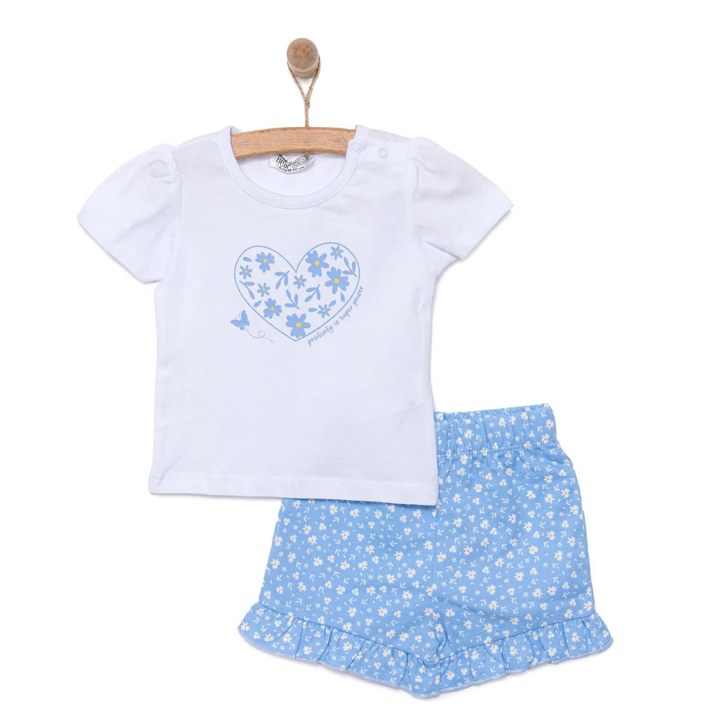 HelloBaby Girl Heart & Flower Patterned Short & T-shirt - Light Blue
